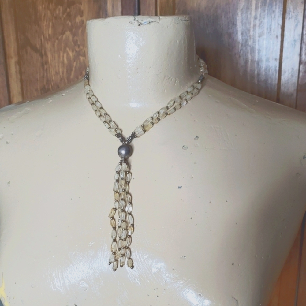 Beautiful Double Strand Lariat Y Clear Glass Beaded Necklace